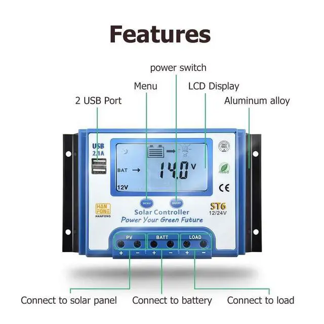 Alt view image 3 of 6 - 60A Solar Charge Controller 12V/24V Automatic Voltage Recognition Solar Panel Charging Discharge Regulator with Dual 5V USB Output Backlight LCD Display