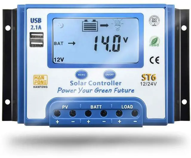 Main image of 60A Solar Charge Controller 12V/24V Automatic Voltage Recognition Solar Panel Charging Discharge Regulator with Dual 5V USB Output Backlight LCD Display