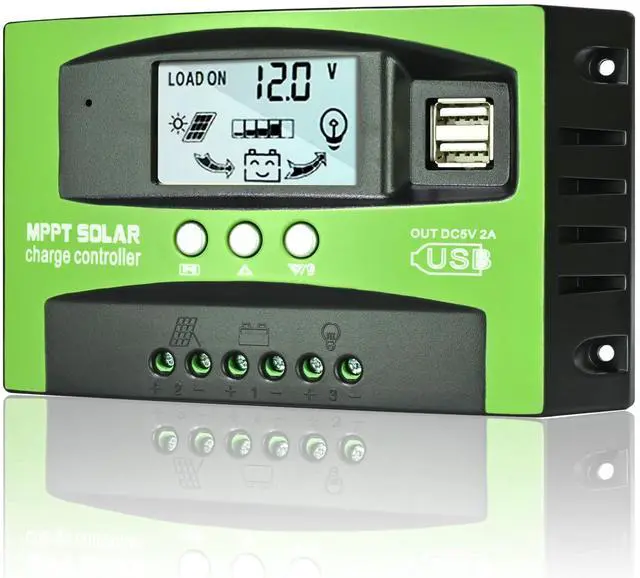 Main image of 60A MPPT Solar Charge Controller, 12V/24V Auto Tracking Solar Panel Regulator with LCD Display Dual USB Port Multiple Load Control Modes Timer Setting, Fit for Gel Sealed Flooded and Li Battery(Green)