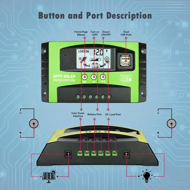 Alt view image 3 of 7 - 60A MPPT Solar Charge Controller, 12V/24V Auto Tracking Solar Panel Regulator with LCD Display Dual USB Port Multiple Load Control Modes Timer Setting, Fit for Gel Sealed Flooded and Li Battery(Green)