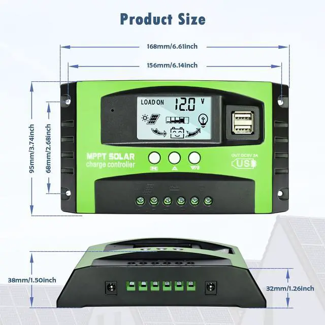 Alt view image 7 of 7 - 60A MPPT Solar Charge Controller, 12V/24V Auto Tracking Solar Panel Regulator with LCD Display Dual USB Port Multiple Load Control Modes Timer Setting, Fit for Gel Sealed Flooded and Li Battery(Green)