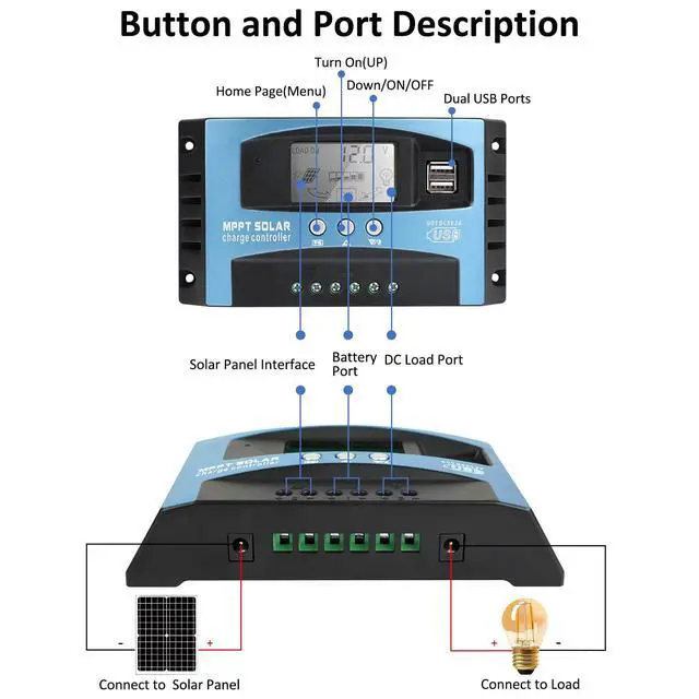 Alt view image 3 of 7 - 60A MPPT Solar Charge Controller, 12V/24V Auto Solar Panel Intelligent Regulator with Dual USB LCD Display Multiple Load Control Modes Timer Setting