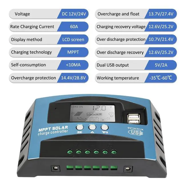 Alt view image 6 of 7 - 60A MPPT Solar Charge Controller, 12V/24V Auto Solar Panel Intelligent Regulator with Dual USB LCD Display Multiple Load Control Modes Timer Setting