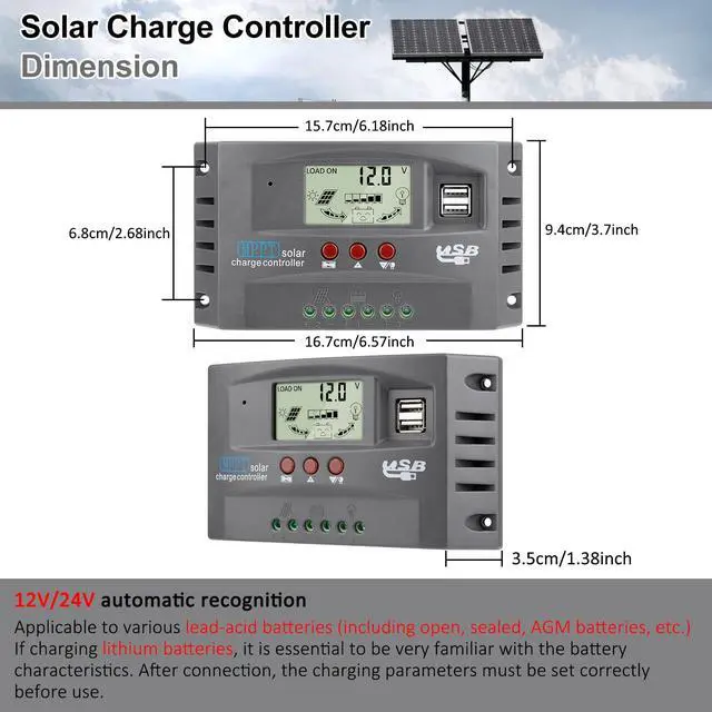 Alt view image 2 of 7 - 60A MPPT Solar Charge Controller 12V/24V Auto Tracking Solar Panel Regulator with Dual USB Port, LCD Display and 3 Timer Settings Suitable for Lead-Acid/Lithium-Ion/Lithium Iron Phosphate Battery Grey