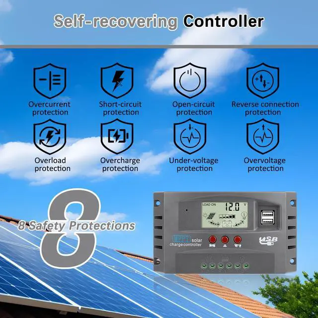 Alt view image 5 of 7 - 60A MPPT Solar Charge Controller 12V/24V Auto Tracking Solar Panel Regulator with Dual USB Port, LCD Display and 3 Timer Settings Suitable for Lead-Acid/Lithium-Ion/Lithium Iron Phosphate Battery Grey