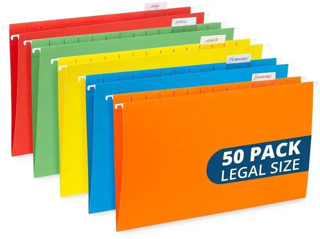 Main image of 50 Legal Hanging File Folders, 50 Reinforced Hang Folders, Designed for Home and Office Color Coded File Organization, Legal Size, Assorted Colors, 50 Pack