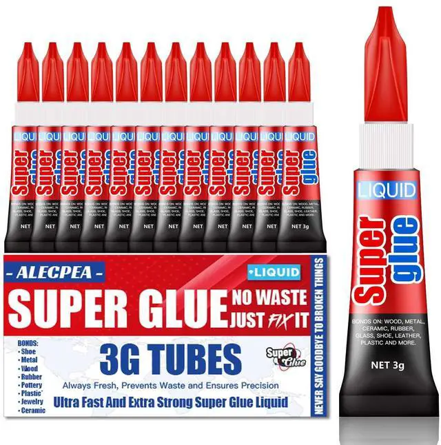 Main image of 3 Gram (Pack of 12) Single Use Super Glue Liquid, Super Fast, Thin & Strong Adhesive Superglue, Cyanoacrylate Glue for Hard Plastics, DIY Craft, Ceramics, Leather, Metal Etc