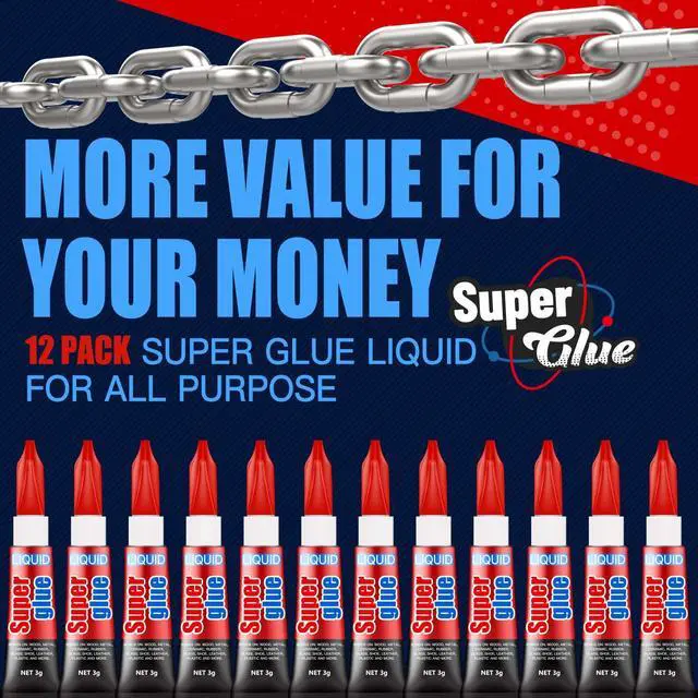 Alt view image 7 of 7 - 3 Gram (Pack of 12) Single Use Super Glue Liquid, Super Fast, Thin & Strong Adhesive Superglue, Cyanoacrylate Glue for Hard Plastics, DIY Craft, Ceramics, Leather, Metal Etc