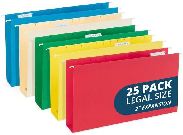 Main image of Legal Size Hanging File Folders - Assorted Colors, 2" Expansion, Legal Hanging File Folders for Filing Cabinet, 9.5" x 14.75", 11PT Paper Stock with Tabs and Inserts Included