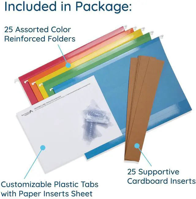 Alt view image 4 of 7 - Legal Size Hanging File Folders - Assorted Colors, 2" Expansion, Legal Hanging File Folders for Filing Cabinet, 9.5" x 14.75", 11PT Paper Stock with Tabs and Inserts Included