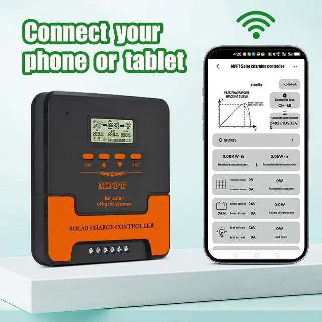 Alt view image 5 of 7 - 60A MPPT Solar Charge Controller, MPPT Controller up to 2880W Solar Panels, 12V/24V DC Output with Dual USB Port for LiFePO4, AGM Sealed Gel Flooded Lithium Battery (APP Control)