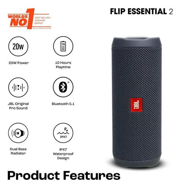 Alt view image 2 of 7 - Flip Essential 2 - Portable Bluetooth Speaker, powerful sound and deep bass, IPX7 waterproof, 10 hours of playtime for home, outdoor and travel (Gun Metal)