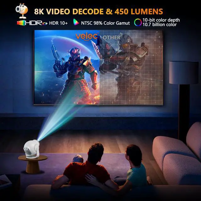Alt view image 2 of 7 - 8K Video Decode / Android 14.0Mini Smart Projector with WiFi 6 and Bluetooth 5.4, 450 ANSI Support 4K 1080P, Portable Outdoor Movie Projectors, Auto Keystone Correction, 270° Rotatable Proyector