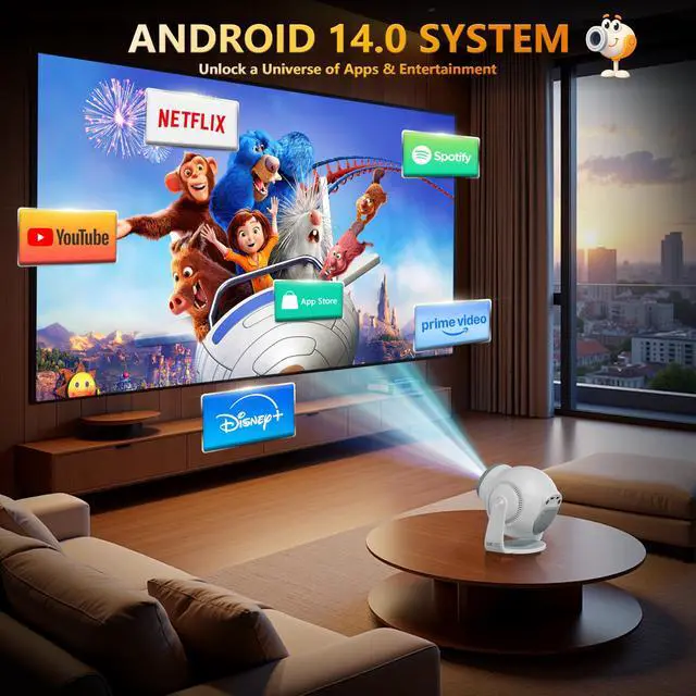 Alt view image 3 of 7 - 8K Video Decode / Android 14.0Mini Smart Projector with WiFi 6 and Bluetooth 5.4, 450 ANSI Support 4K 1080P, Portable Outdoor Movie Projectors, Auto Keystone Correction, 270° Rotatable Proyector