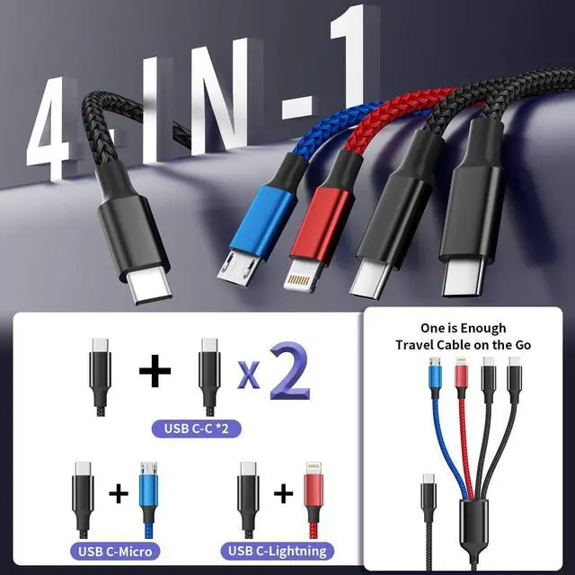 Alt view image 2 of 6 - USB C to 4 in 1 Charging Cable with Dual Type-C Port 5FT, Multi Charging Cable for Multiple Devices, USB Cords with IP/Micro/2 USB-C Port for iPhone16/15/14, Androids Tablet Pad Mini Fan (2Pack)