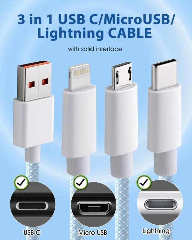 Alt view image 2 of 7 - 3 in 1 Multi USB Charging Cable 4FT, USB to Multiple Connectors with Phone 17/16/15, Nylon Fast Charger Cord with Type C/Micro/Lightning for Android, Tablet - Data Transfer