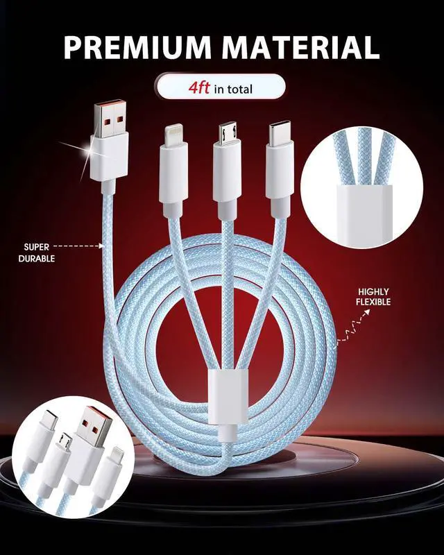 Alt view image 4 of 7 - 3 in 1 Multi USB Charging Cable 4FT, USB to Multiple Connectors with Phone 17/16/15, Nylon Fast Charger Cord with Type C/Micro/Lightning for Android, Tablet - Data Transfer