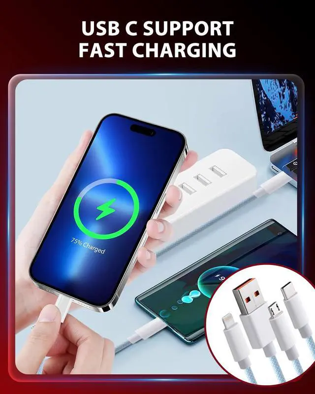 Alt view image 6 of 7 - 3 in 1 Multi USB Charging Cable 4FT, USB to Multiple Connectors with Phone 17/16/15, Nylon Fast Charger Cord with Type C/Micro/Lightning for Android, Tablet - Data Transfer