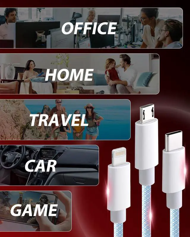 Alt view image 7 of 7 - 3 in 1 Multi USB Charging Cable 4FT, USB to Multiple Connectors with Phone 17/16/15, Nylon Fast Charger Cord with Type C/Micro/Lightning for Android, Tablet - Data Transfer