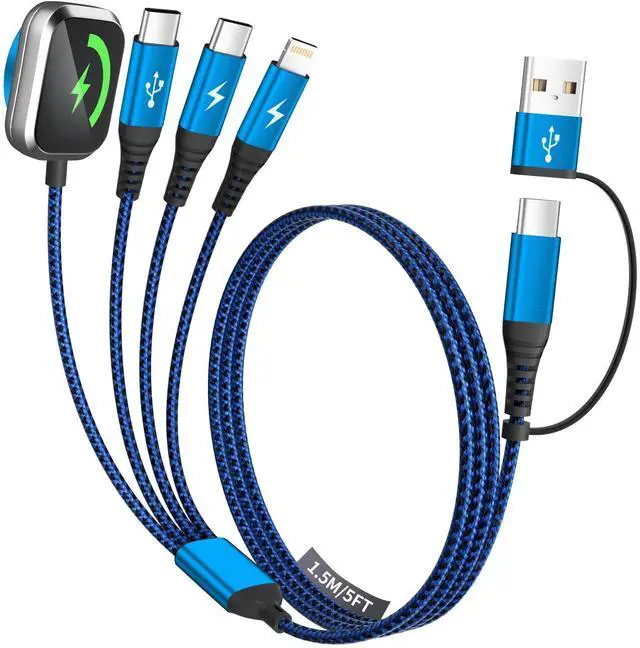 Main image of Multi Charging Cable for iPhone Watch Charger, 4 in 2 USB A/C Phone Charger Cord with Dual Type-C/IP, iWatch Cable Nylon Travel Essentials Compatible with iWatch/Phone 17-11/Pod/Android, 5FT