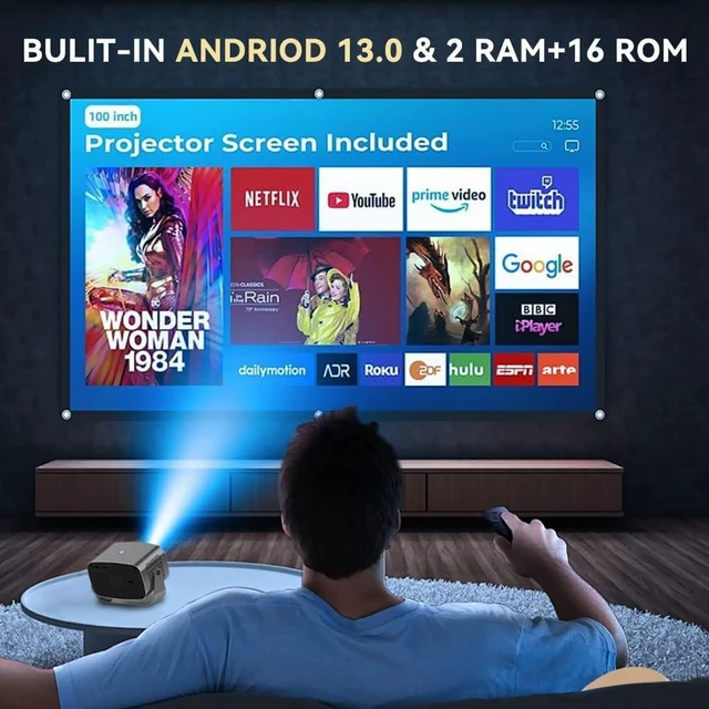 Alt view image 2 of 7 - Smart Mini Projector with WiFi 6 and Bluetooth, Android 13 Built-in Apps, Auto Keystone & Electric Focus, 4K Support Portable Projector for Bedroom, Ceiling, Outdoor Movie, Phone, Fire Stick