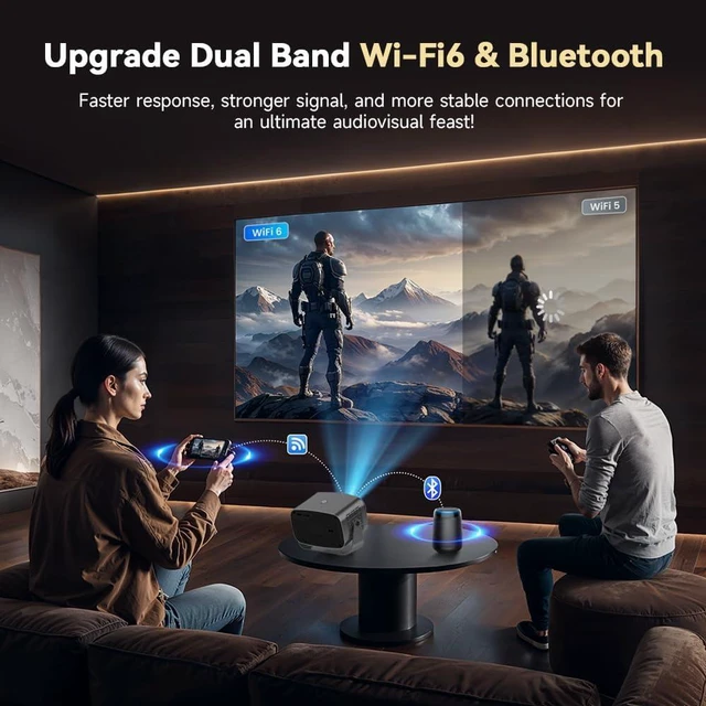 Alt view image 6 of 7 - Smart Mini Projector with WiFi 6 and Bluetooth, Android 13 Built-in Apps, Auto Keystone & Electric Focus, 4K Support Portable Projector for Bedroom, Ceiling, Outdoor Movie, Phone, Fire Stick