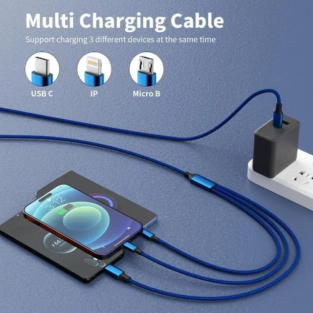 Alt view image 2 of 7 - USB C Multi Charging Cable, 2Pack 5FT Multiple Charger Cord, 3 in 1 Universal Charger Cable with Type-C/Micro USB and IP Port, Compatible with Most Cell Phones-Blue