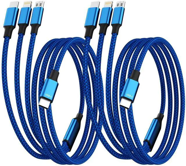 Main image of USB C Multi Charging Cable, 2Pack 5FT Multiple Charger Cord, 3 in 1 Universal Charger Cable with Type-C/Micro USB and IP Port, Compatible with Most Cell Phones-Blue