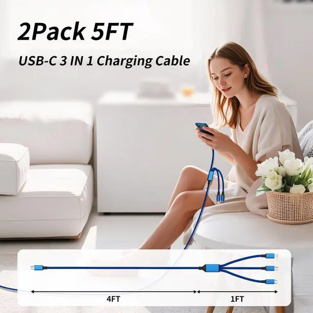 Alt view image 7 of 7 - USB C Multi Charging Cable, 2Pack 5FT Multiple Charger Cord, 3 in 1 Universal Charger Cable with Type-C/Micro USB and IP Port, Compatible with Most Cell Phones-Blue