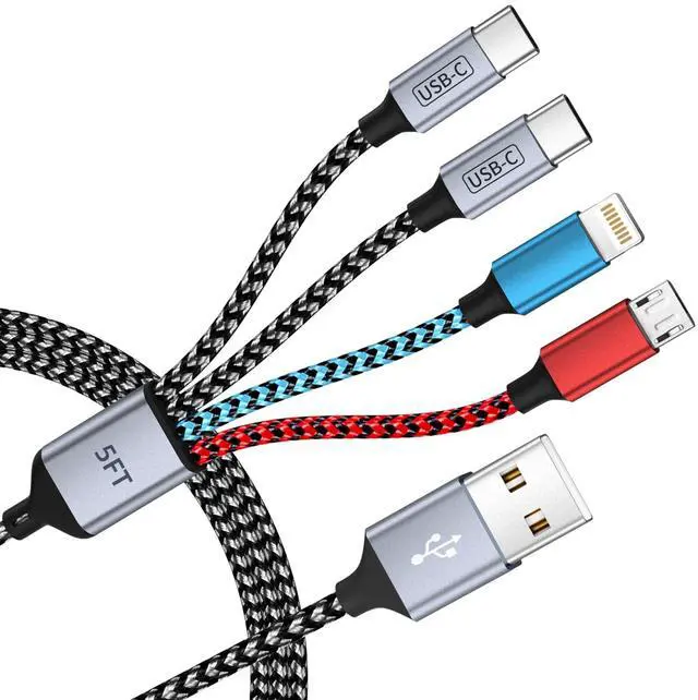 Main image of Dual Type-C USB Multi Charging Cable with 2 USB-C/IP/Micro Port, 4 in 1 Chargers for Multiple Devices, Travel Essentials USB Cable Phone Charger Cord for iPhone 17 16 15 14/Android/Tablet/iPad(5FT)