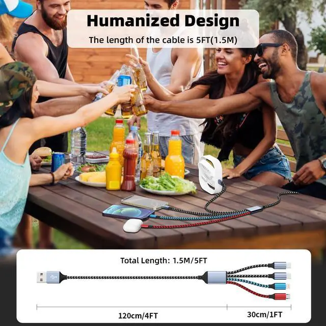 Alt view image 6 of 7 - Dual Type-C USB Multi Charging Cable with 2 USB-C/IP/Micro Port, 4 in 1 Chargers for Multiple Devices, Travel Essentials USB Cable Phone Charger Cord for iPhone 17 16 15 14/Android/Tablet/iPad(5FT)