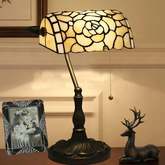 Main image of Banker Lamp, Bankers Lamps for Desk,Banker Desk Lamp,Tiffany Bankers Lamp, Stained Glass Lamp, Humming Bird Flower Rose Butterfly Pattern Coloured Glass Lampshade Alloy Base,Beige Rose