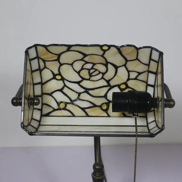 Alt view image 5 of 7 - Banker Lamp, Bankers Lamps for Desk,Banker Desk Lamp,Tiffany Bankers Lamp, Stained Glass Lamp, Humming Bird Flower Rose Butterfly Pattern Coloured Glass Lampshade Alloy Base,Beige Rose