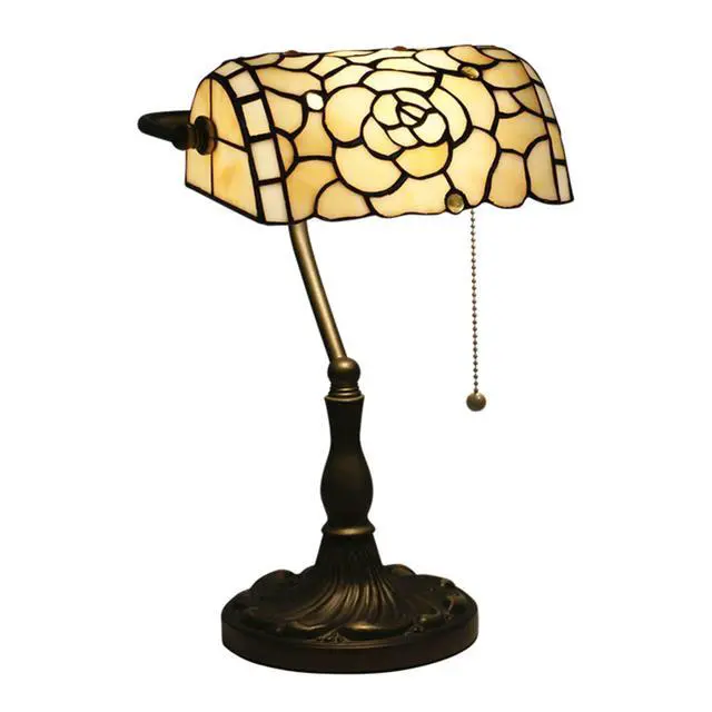 Alt view image 6 of 7 - Banker Lamp, Bankers Lamps for Desk,Banker Desk Lamp,Tiffany Bankers Lamp, Stained Glass Lamp, Humming Bird Flower Rose Butterfly Pattern Coloured Glass Lampshade Alloy Base,Beige Rose