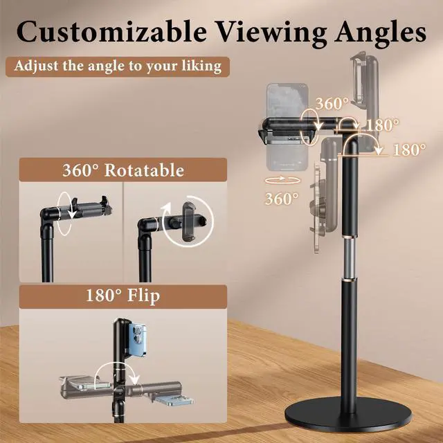 Alt view image 2 of 6 - Height/Angle Adjustable Phone Holder, 10"-25" Retractable Tall Phone Stand for Desk,720°Rotatable+180flip Phone Holder Stand for Video Calls Kitchen Table Office Etc -Clip Type