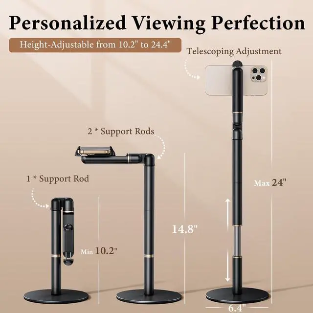 Alt view image 3 of 6 - Height/Angle Adjustable Phone Holder, 10"-25" Retractable Tall Phone Stand for Desk,720°Rotatable+180flip Phone Holder Stand for Video Calls Kitchen Table Office Etc -Clip Type