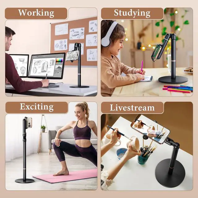 Alt view image 4 of 6 - Height/Angle Adjustable Phone Holder, 10"-25" Retractable Tall Phone Stand for Desk,720°Rotatable+180flip Phone Holder Stand for Video Calls Kitchen Table Office Etc -Clip Type