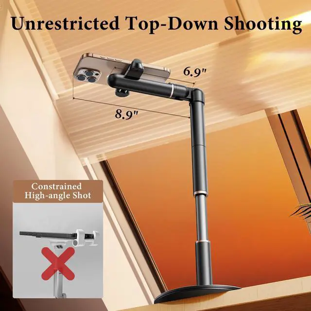 Alt view image 6 of 6 - Height/Angle Adjustable Phone Holder, 10"-25" Retractable Tall Phone Stand for Desk,720°Rotatable+180flip Phone Holder Stand for Video Calls Kitchen Table Office Etc -Clip Type