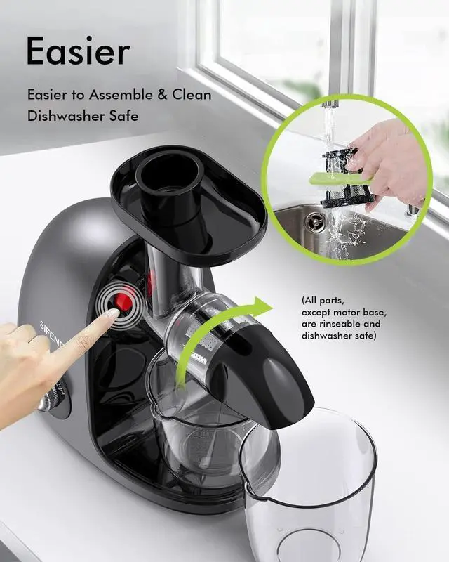 Alt view image 7 of 7 - Slow Masticating Juicer, Cold Press Juicer Machine for High Nutrient Juice, Quiet Motor, Reverse Function, Easy to Clean, Compact Design, Gray