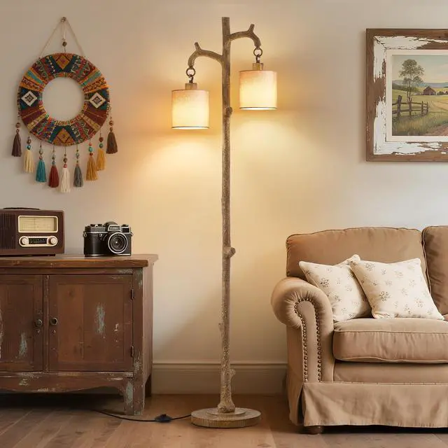 Main image of Rustic Floor Lamp for Living Room - Newly Upgraded Heavy-Duty Resin Base Farmhouse Floor Lamp with 2 Country Vintage Reading Light - Standing Lamps for Bedroom Office Home Decor (Brown, 2 Bulbs)