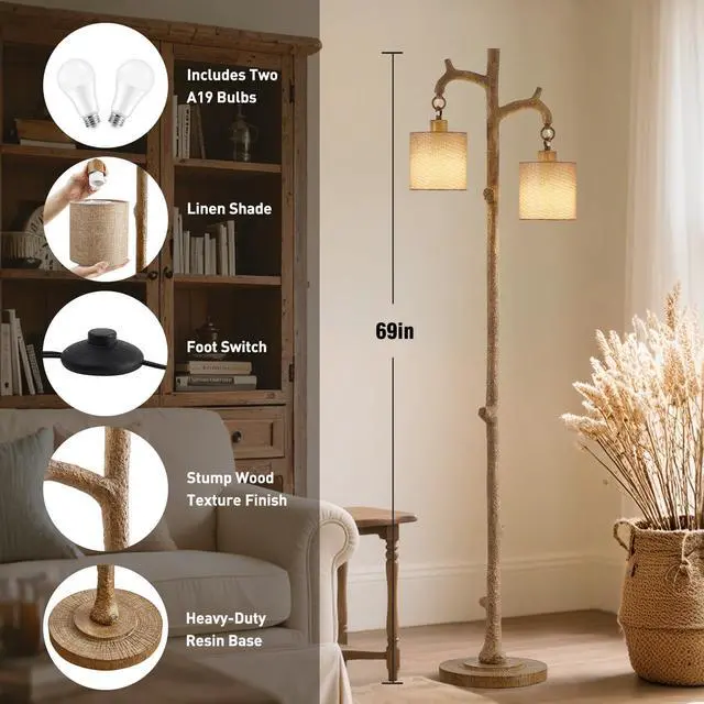 Alt view image 3 of 7 - Rustic Floor Lamp for Living Room - Newly Upgraded Heavy-Duty Resin Base Farmhouse Floor Lamp with 2 Country Vintage Reading Light - Standing Lamps for Bedroom Office Home Decor (Brown, 2 Bulbs)