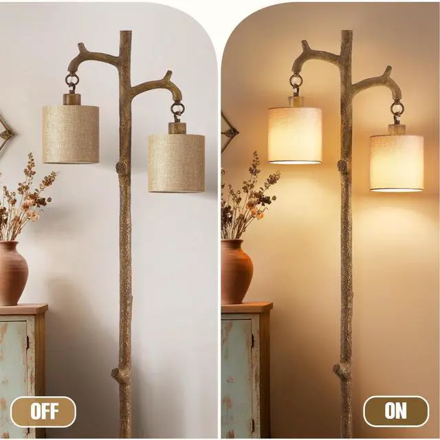 Alt view image 5 of 7 - Rustic Floor Lamp for Living Room - Newly Upgraded Heavy-Duty Resin Base Farmhouse Floor Lamp with 2 Country Vintage Reading Light - Standing Lamps for Bedroom Office Home Decor (Brown, 2 Bulbs)