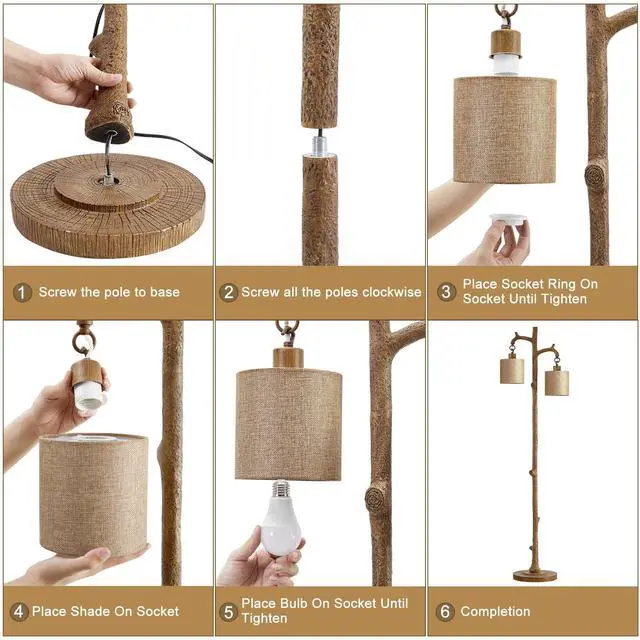 Alt view image 7 of 7 - Rustic Floor Lamp for Living Room - Newly Upgraded Heavy-Duty Resin Base Farmhouse Floor Lamp with 2 Country Vintage Reading Light - Standing Lamps for Bedroom Office Home Decor (Brown, 2 Bulbs)