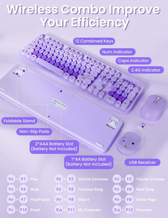 Alt view image 7 of 7 - LAMA Colorful Wireless Keyboard and Mouse Combo, Full-Sized Bluetooth Round Keyboard, Adjustable DPI Mouse, 2.4GHz USB Receiver, Silent Keyboard and Cute Mouse for PC, Windows, MAC, Desktop, Laptop,PL
