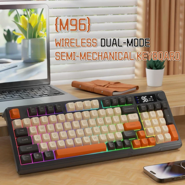Alt view image 2 of 7 - M96 Wireless Gaming Keyboard,Knob Control Bluetooth/2.4G Wireless Mechanical Feeling Keyboard,RGB LED Backlit with Display Screen, PBT Keycap,3000mAh, 94-Key Layout for Win/Mac (Shimmer)