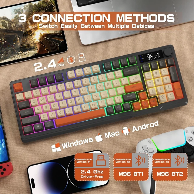 Alt view image 3 of 7 - M96 Wireless Gaming Keyboard,Knob Control Bluetooth/2.4G Wireless Mechanical Feeling Keyboard,RGB LED Backlit with Display Screen, PBT Keycap,3000mAh, 94-Key Layout for Win/Mac (Shimmer)