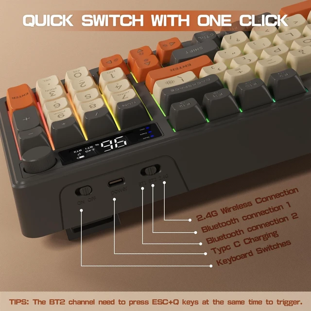 Alt view image 7 of 7 - M96 Wireless Gaming Keyboard,Knob Control Bluetooth/2.4G Wireless Mechanical Feeling Keyboard,RGB LED Backlit with Display Screen, PBT Keycap,3000mAh, 94-Key Layout for Win/Mac (Shimmer)