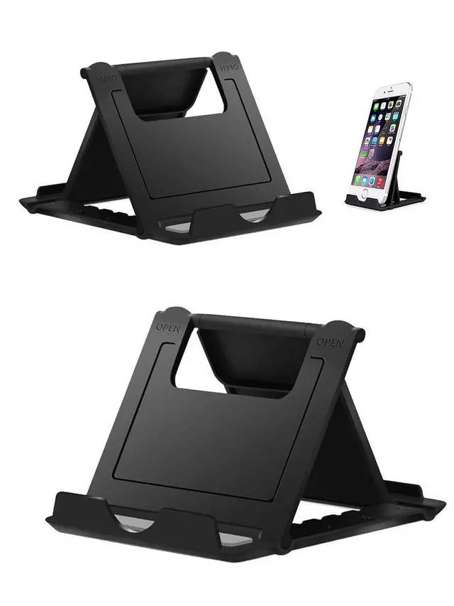 Main image of Portable Cell Phone Stand Holder for Desk, 2 Pack Foldable Pocket-Sized Adjustable Mount, Universal Desktop Kickstand Compatible with iPhone, iPad, Kindle & Android Devices - Black & Black