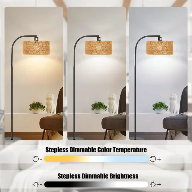 Alt view image 2 of 7 - Rattan Floor Lamp- Boho Floor Lamp for Living Room, Rattan Standing Lamps with Dimmable Bulb, Adjustable Rattan Lamp Shades Bohemian Over Couch Lamps for Bedroom, Office