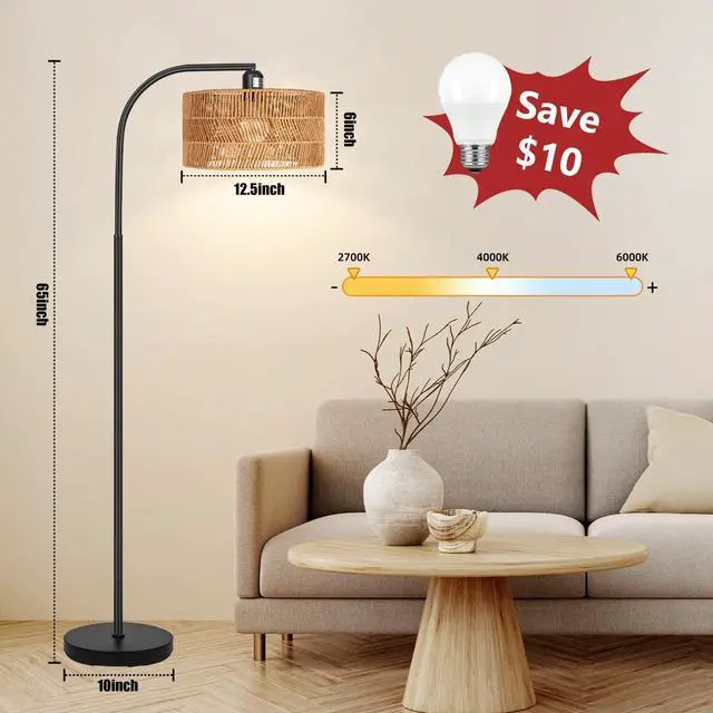 Alt view image 3 of 7 - Rattan Floor Lamp- Boho Floor Lamp for Living Room, Rattan Standing Lamps with Dimmable Bulb, Adjustable Rattan Lamp Shades Bohemian Over Couch Lamps for Bedroom, Office